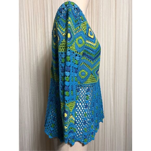 Ann Trinity 3/4 Sleeve Blue and Green Scalloped Edge Crocheted Sweater Size Smal - Picture 2 of 4